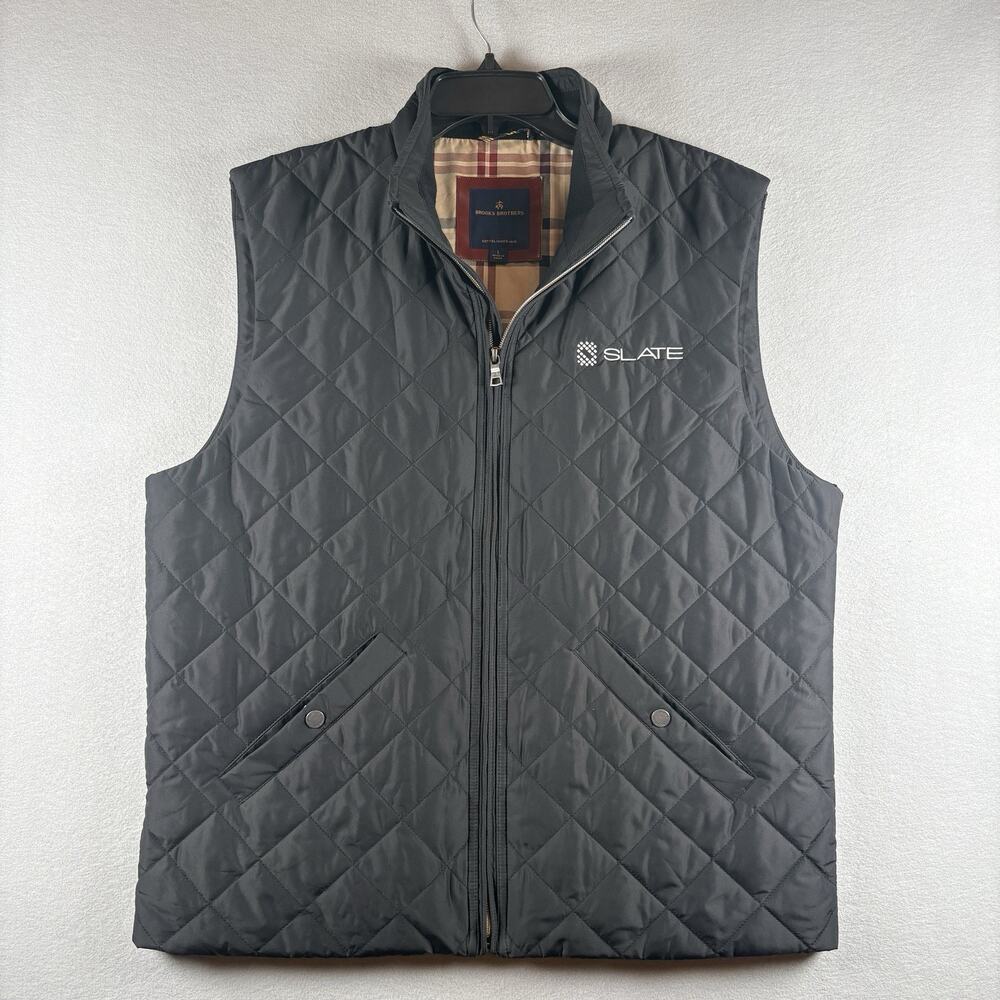 Brooks Brothers Men's Large Black Quilted Full Zip Vest Plaid Lined